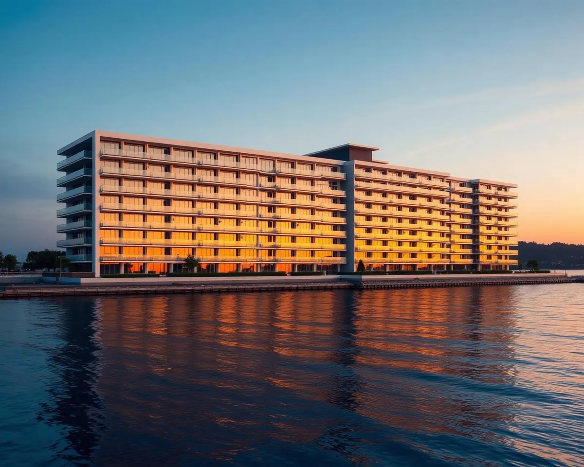 Modern waterfront apartment building at golden hour